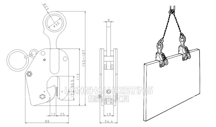 LV型竖吊钢板起重钳尺寸