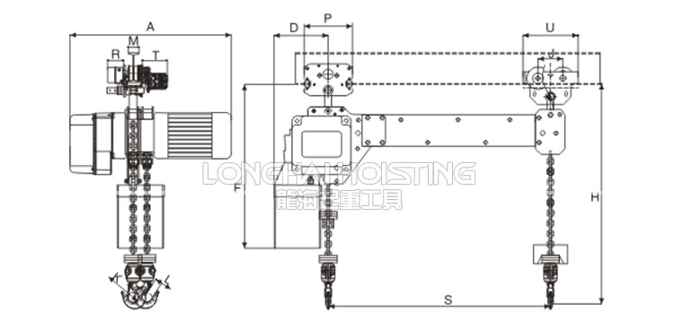 龙升双钩环链电动葫芦尺寸