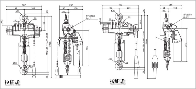 远藤ENDO EHL-TW型气动葫芦尺寸